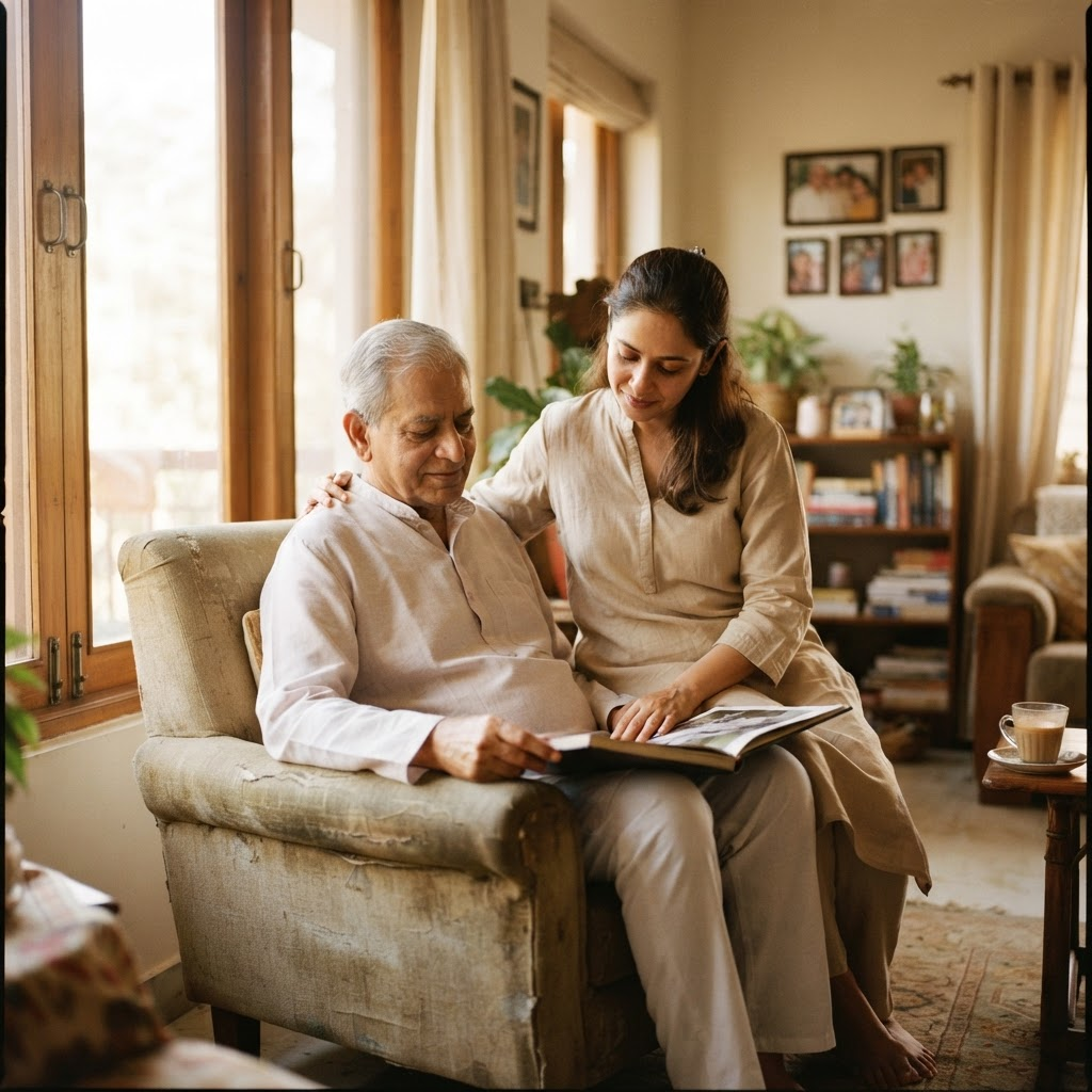 Elderly Indian parent and adult daughter together at home