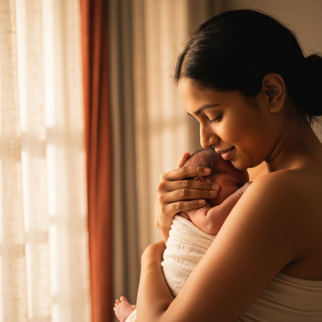 A mother holding her newborn baby in soft warm morning light — a portrait of continuous, present care.