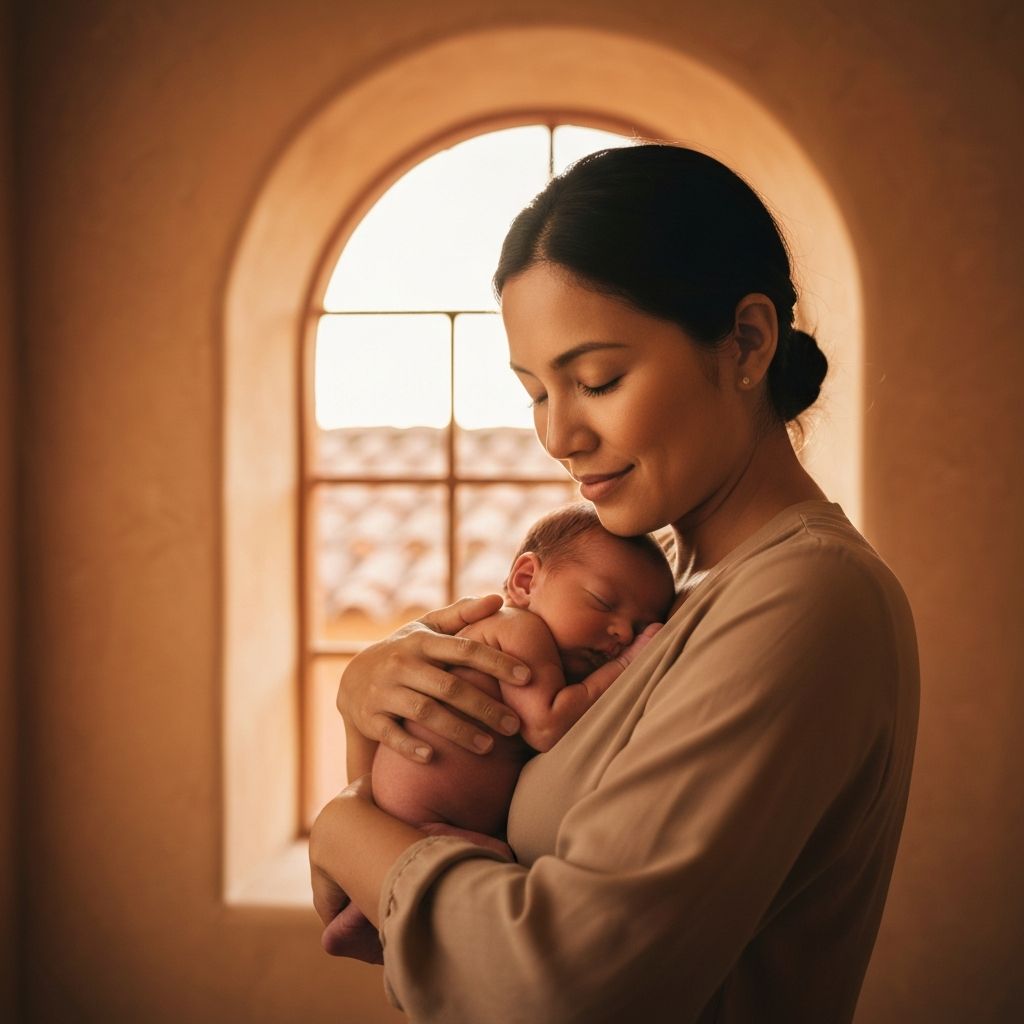 Mother tenderly holding her newborn baby in warm golden light
